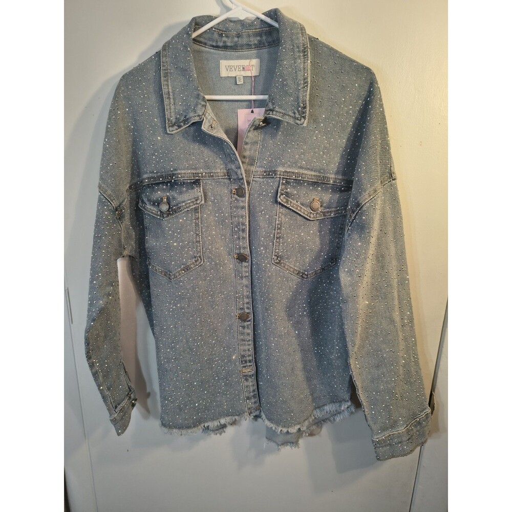 NWT Veverfe Rhinestone Denim Jacket 1XL Ashley Irene Boutique Jean Shacket New